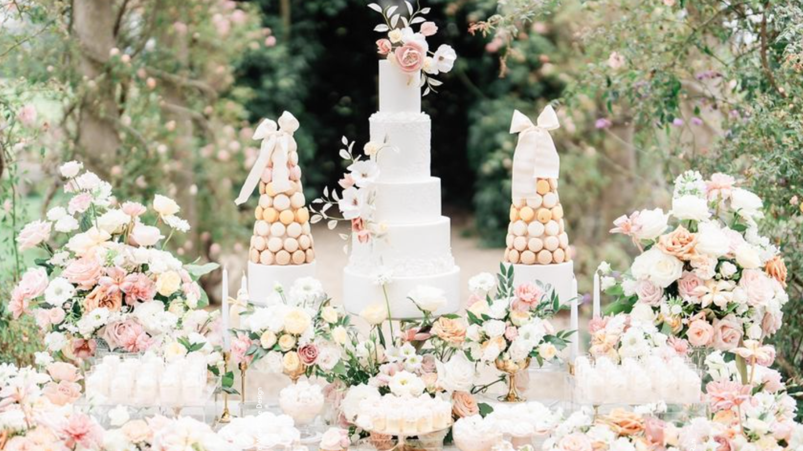 Modern summer wedding cake styled as a tiered centrepiece at an outdoor reception in bright daylight