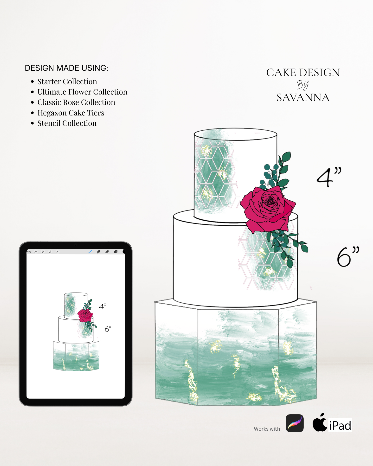Hexagon cake tier Procreate stamp for digital cake sketching, preview 3 – Cake Design by Savanna