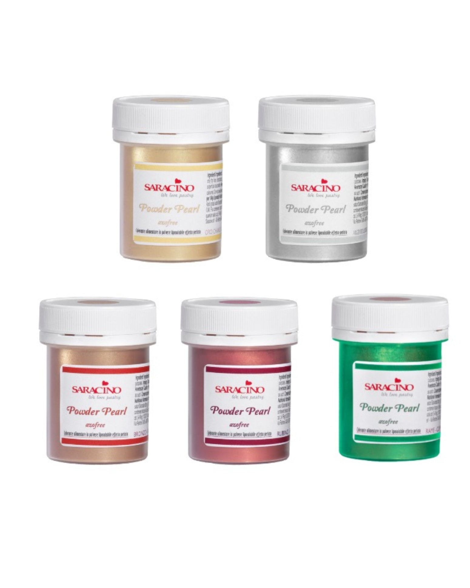 Five jars of Saracino Powder Pearl in different colors on a white background
