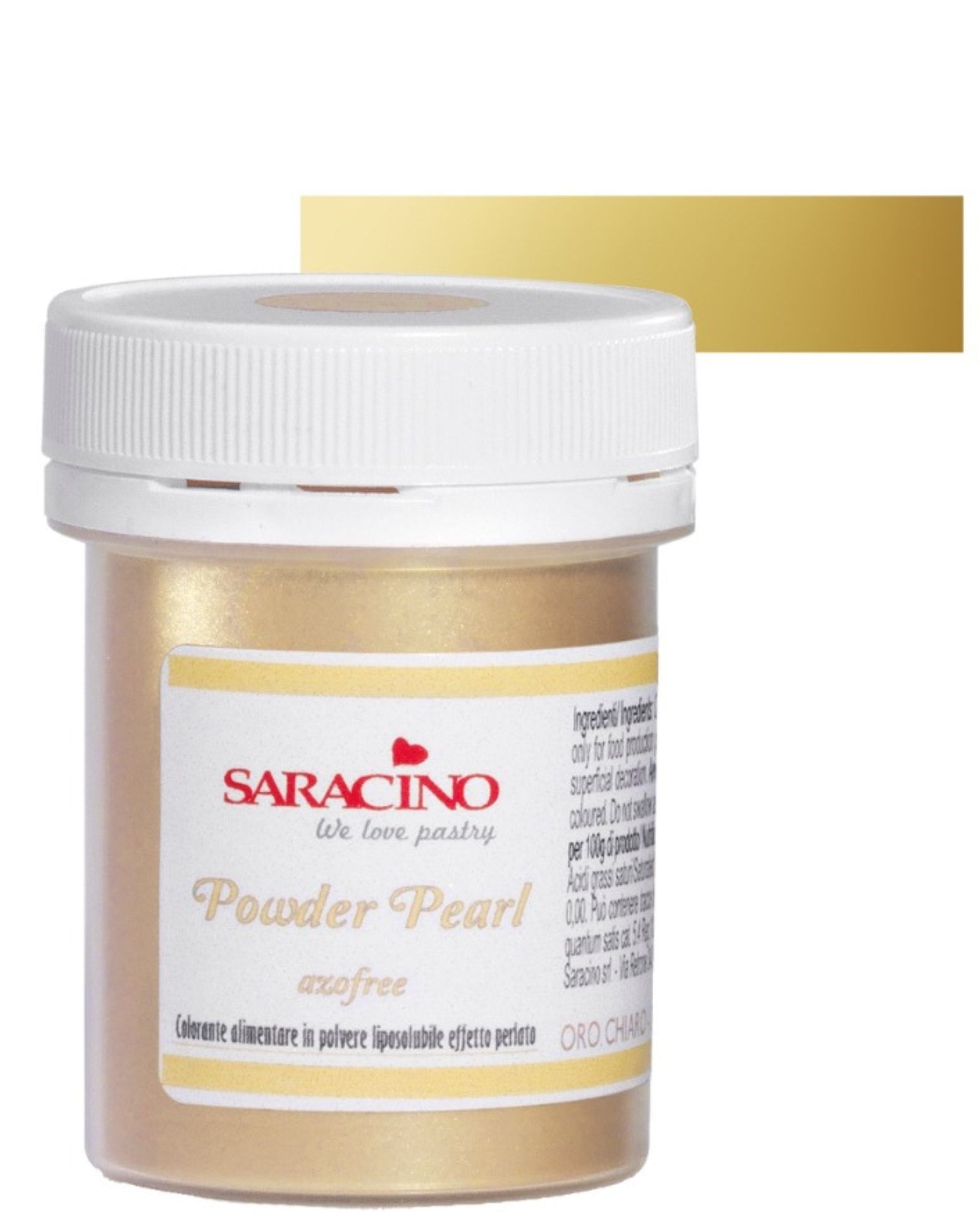 Jar of Saracino Powder Pearl with a gold color swatch on a white background