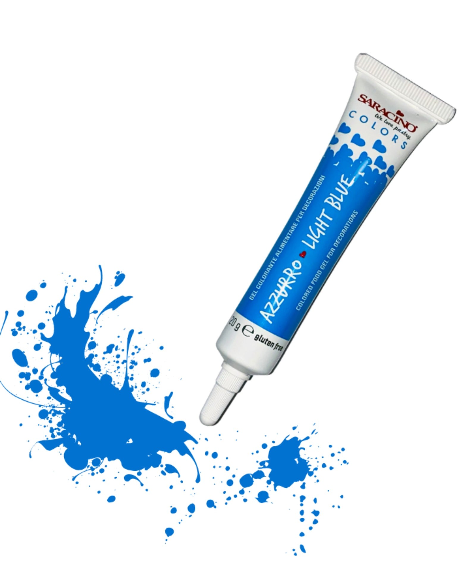 Tube of paint with blue splashes on a white background