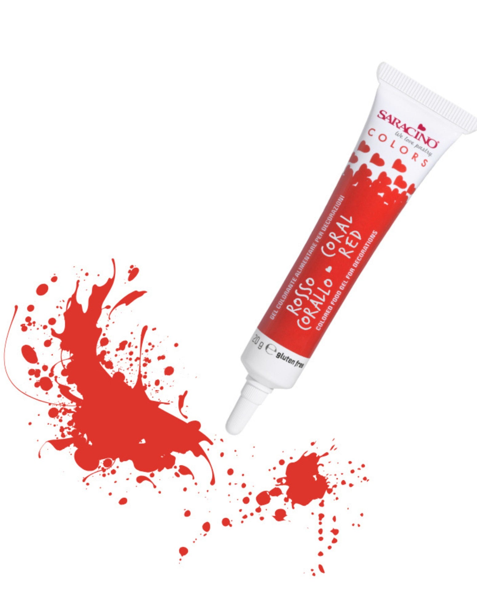 Red tube of hair color with splashes on a white background
