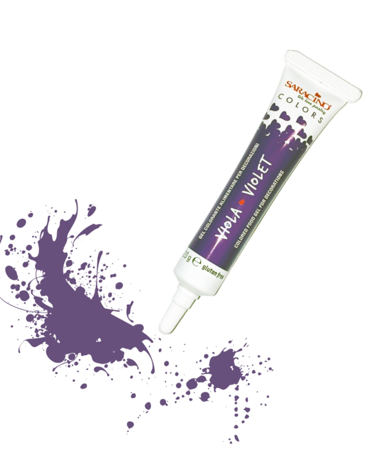 Purple hair color tube with splashes on a white background