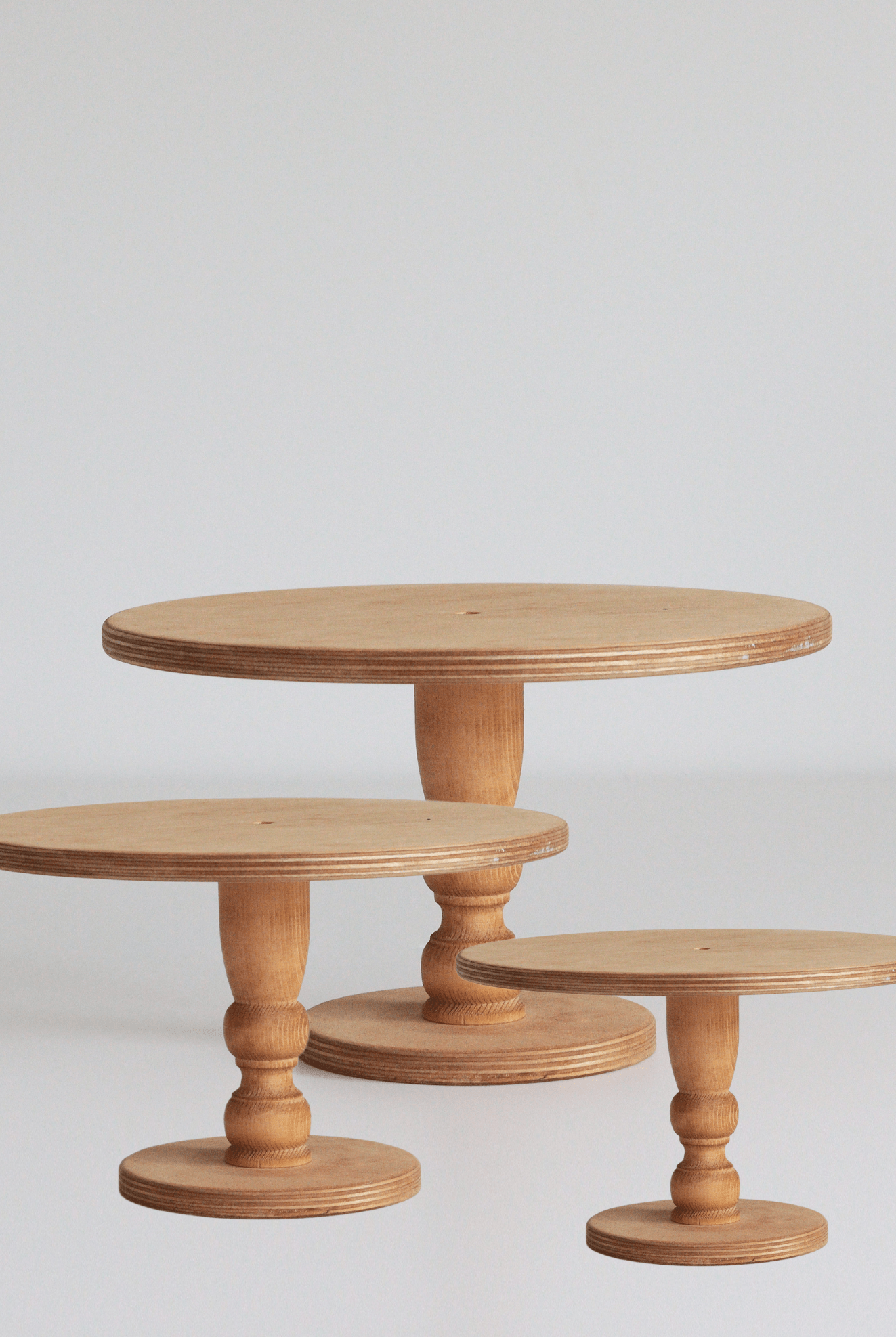 PropBundles - Trio of Original Scandinavian Birch Pedestal Cake Stands - Varied Diameters - Prop Options