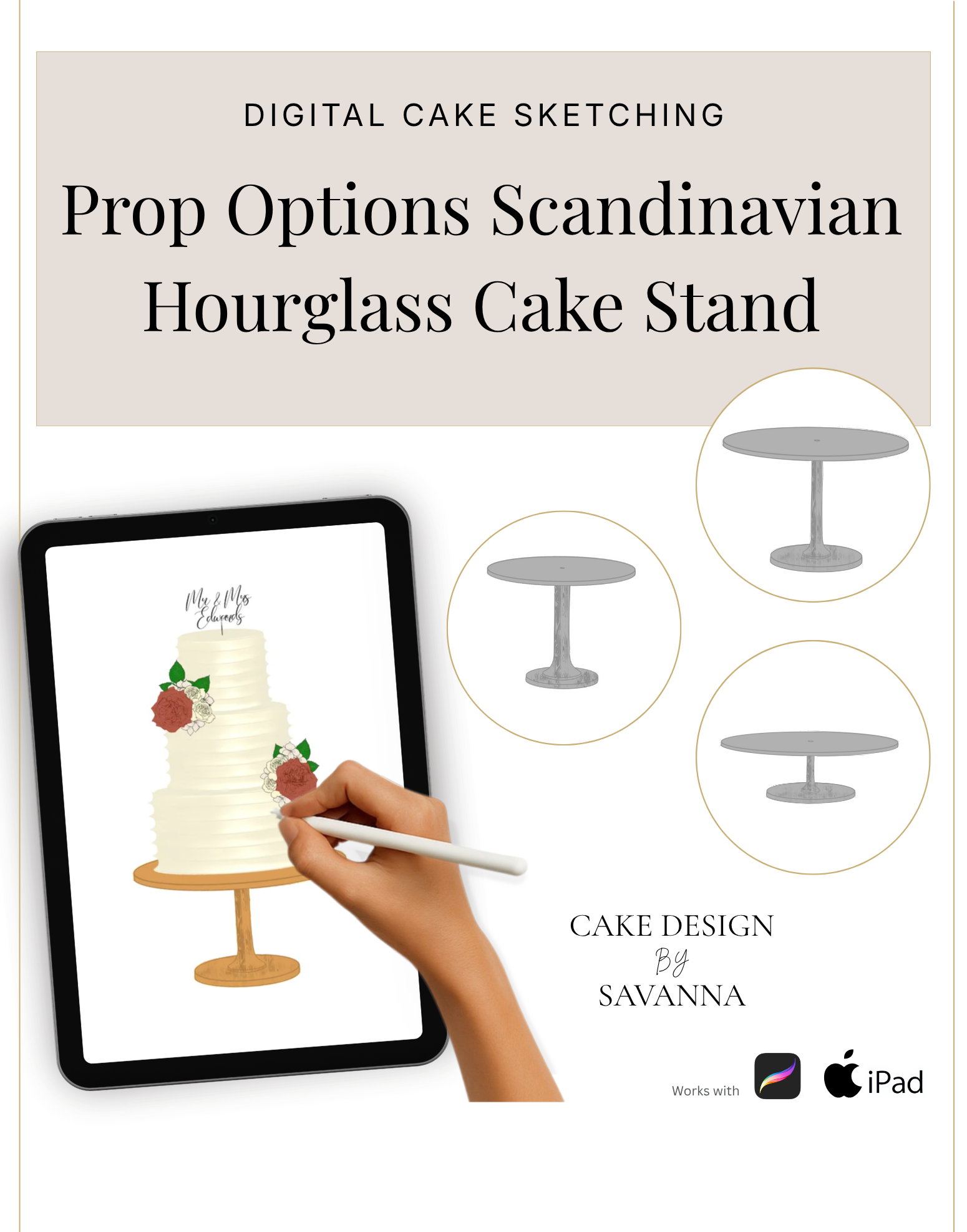 Scandinavian Birch Hourglass cake stand Procreate stamps for digital cake sketching - Prop Options