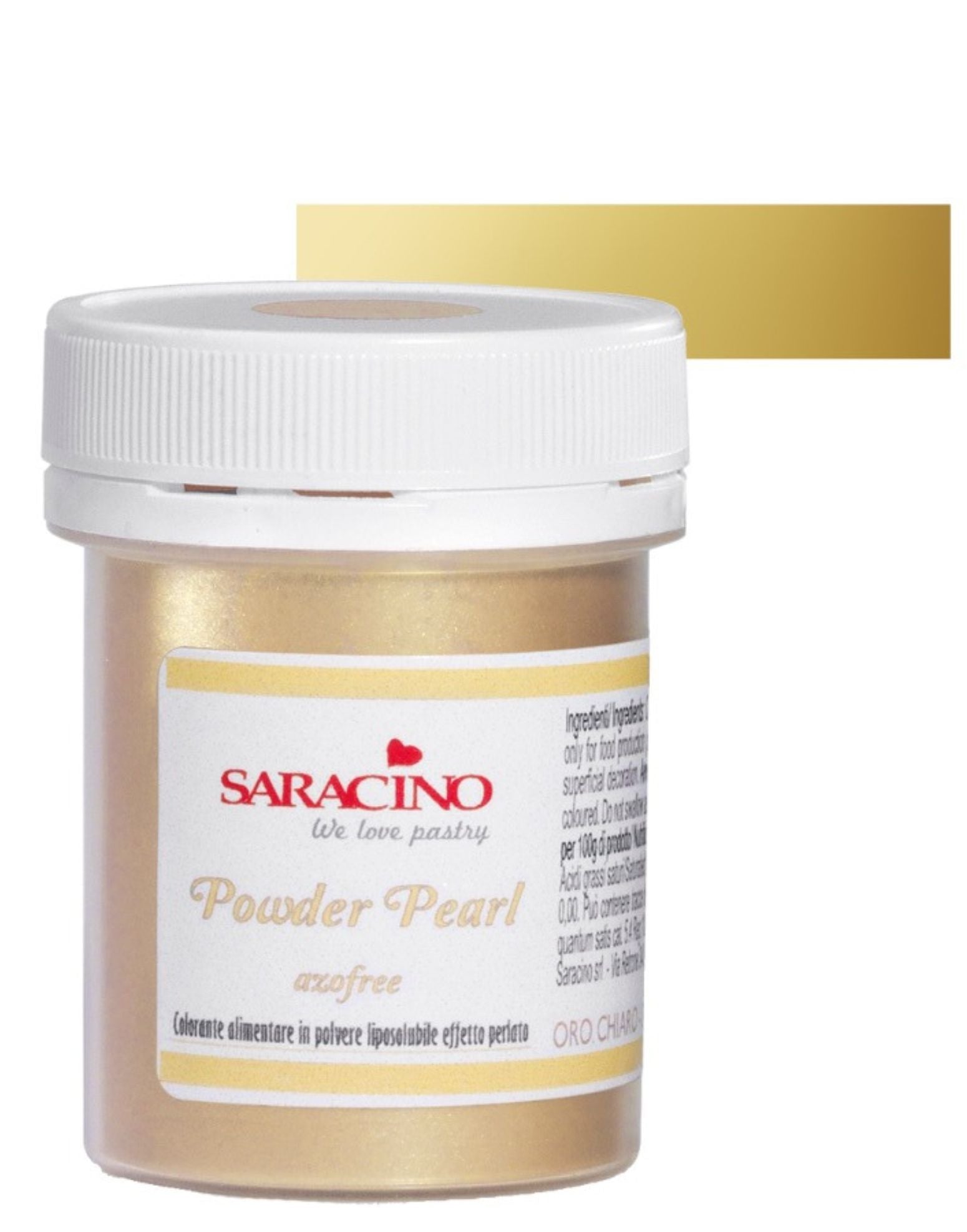 Jar of Saracino Powder Pearl with a gold color swatch on a white background