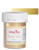 Jar of Saracino Powder Pearl with a gold color swatch on a white background